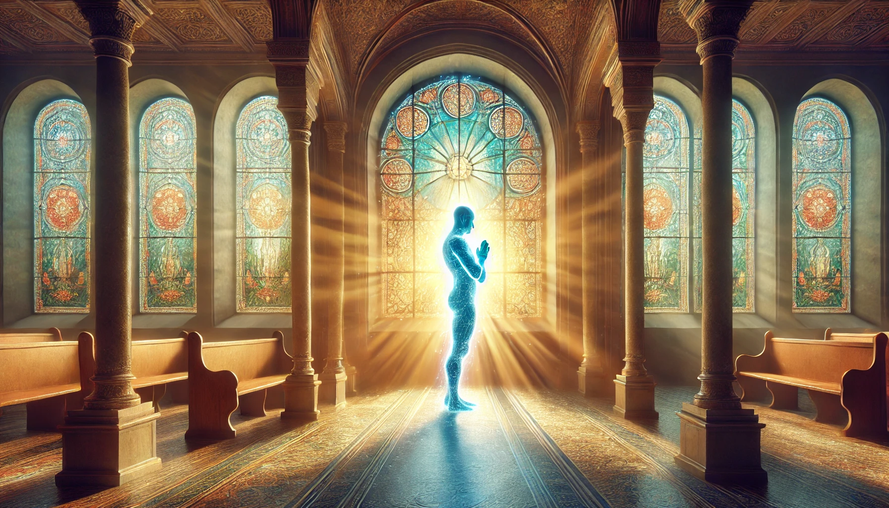 A serene interior scene with sunlight streaming through a stained-glass window.