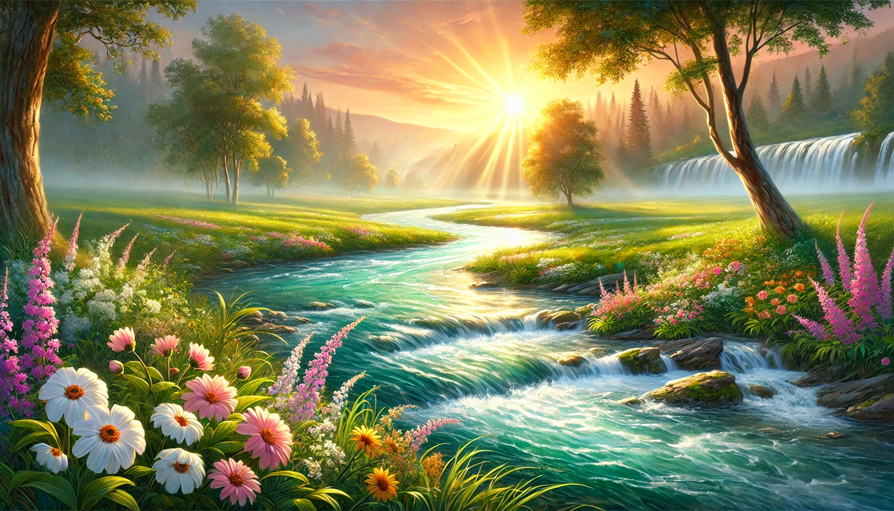 A serene landscape at sunrise featuring a flowing river with crystal-clear water, surrounded by blooming flowers and vibrant green grass.