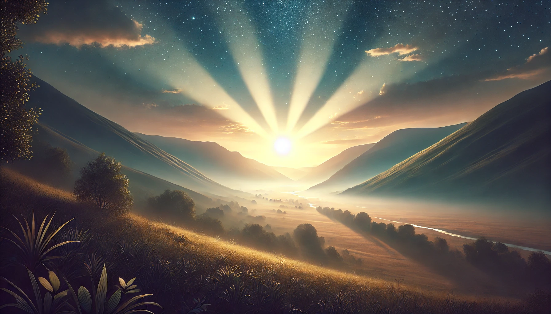 A serene landscape at sunrise, with soft rays of sunlight streaming over a quiet valley.