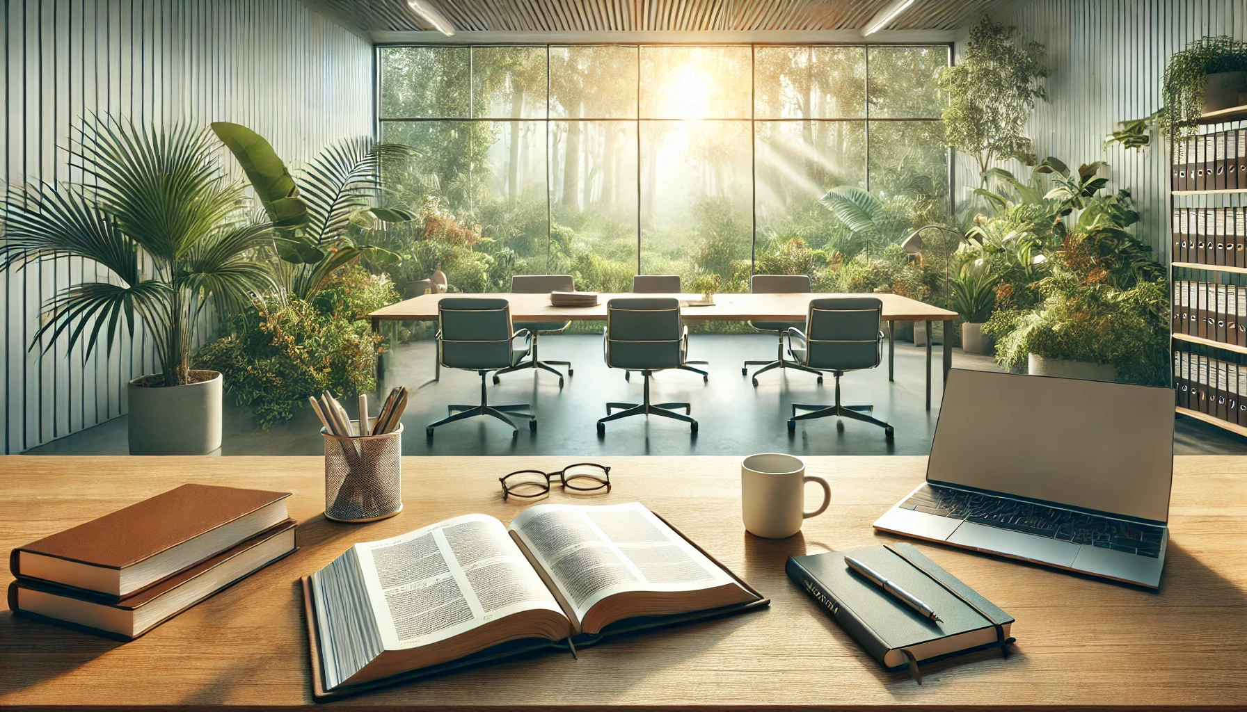 A serene office workspace, with a desk featuring an open Bible, a notebook, a laptop, and a coffee mug.