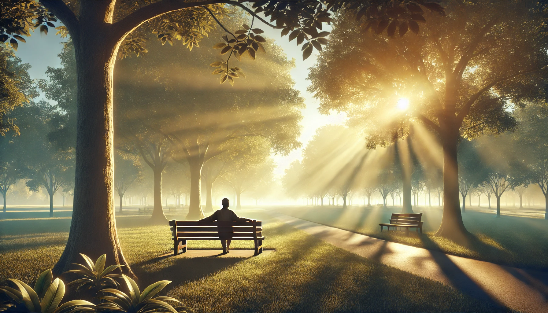 A serene outdoor scene with a person sitting quietly on a bench in a park.