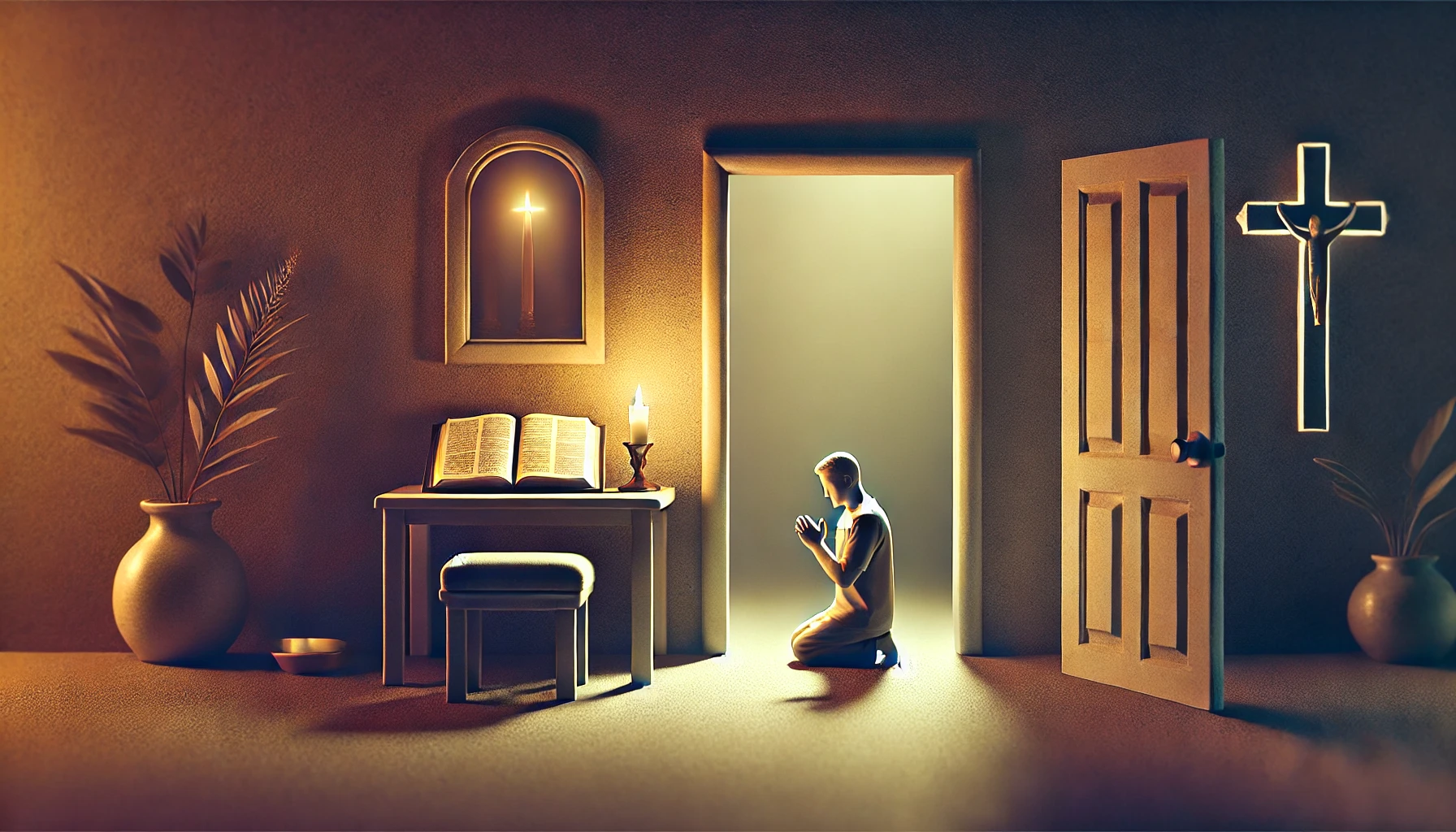 A serene private room with a person kneeling in prayer.