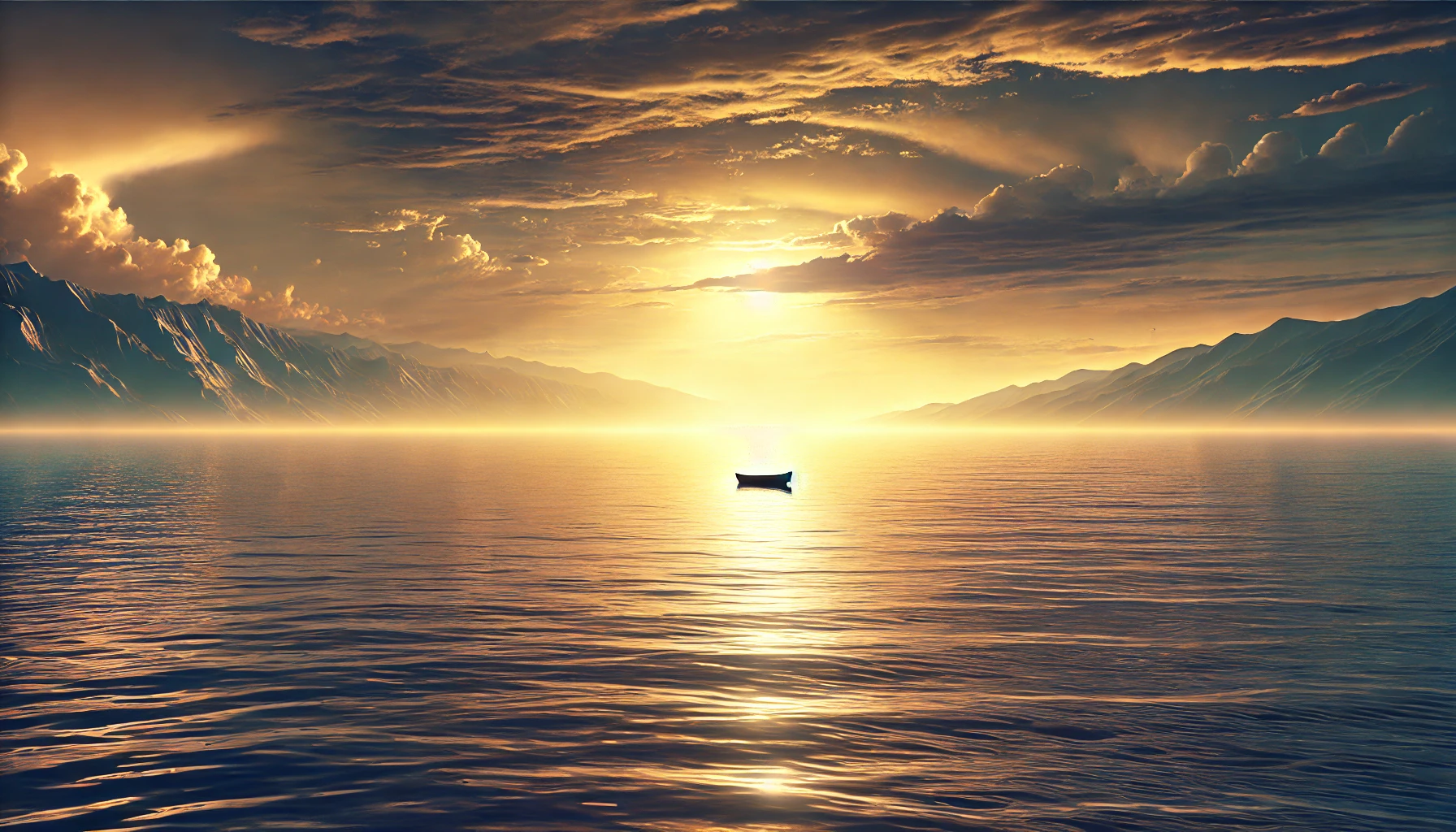 A serene scene of a vast, calm ocean stretching to the horizon at sunset, with a glowing horizen.