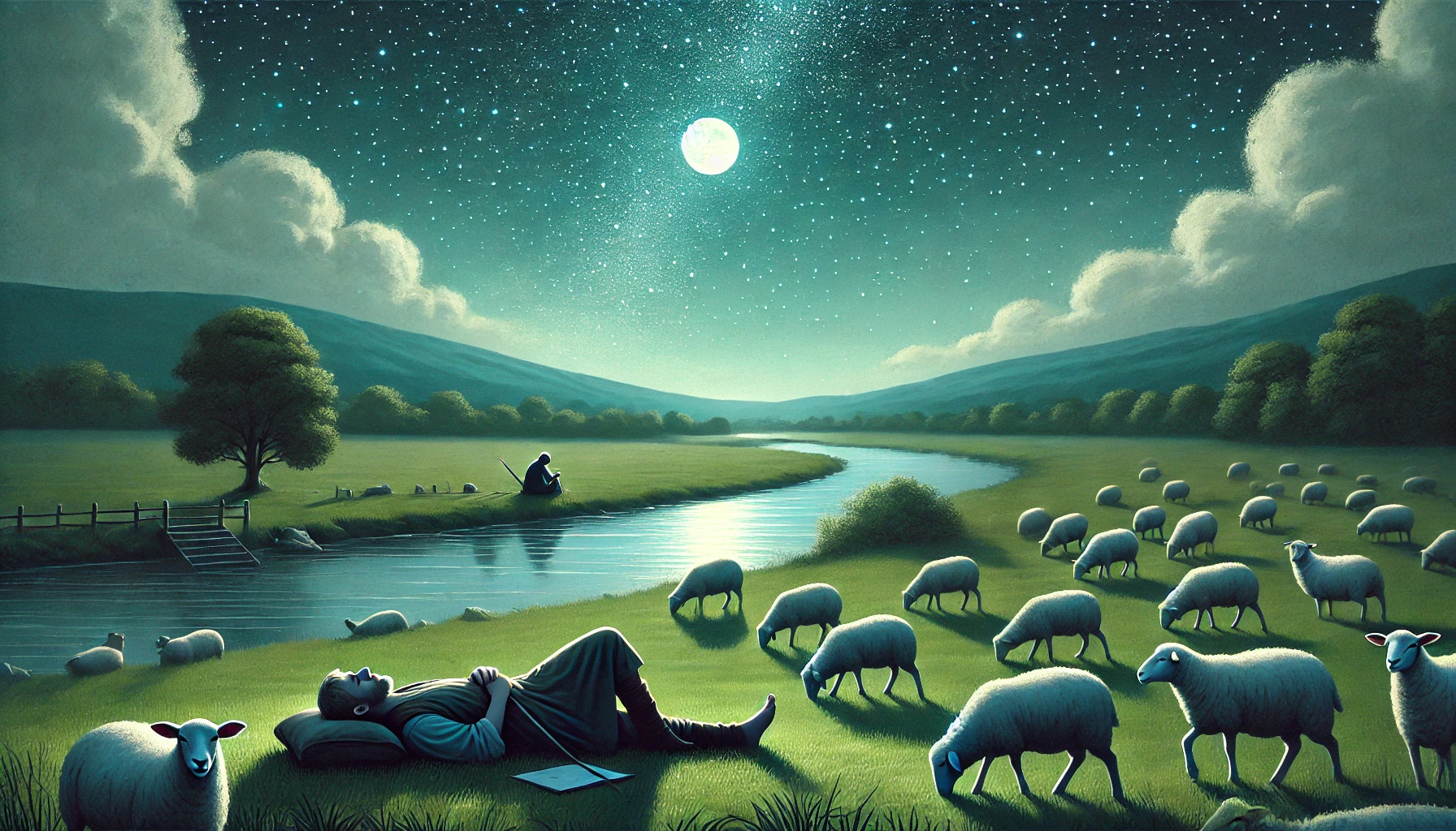 A shepherd resting peacefully under a starlit sky with sheep grazing nearby.