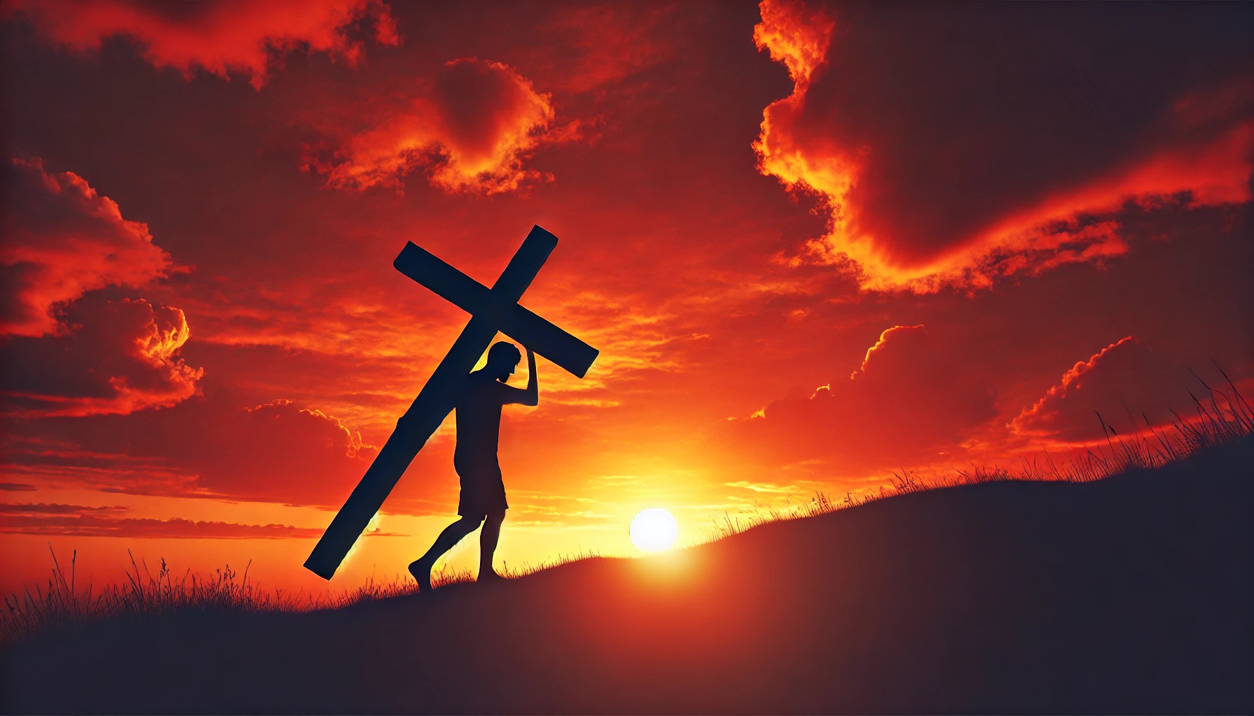 A silhouette of a person walking up a hill carrying a wooden cross at sunset.