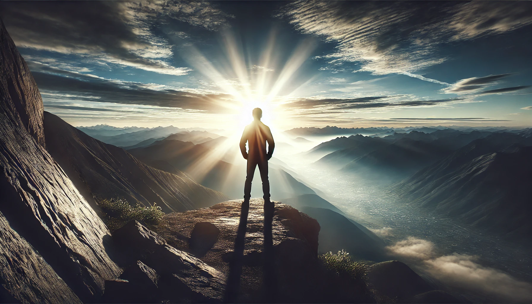 A single person standing confidently at the edge of a mountain cliff, overlooking a vast and expansive valley under a bright and empowering sunrise.