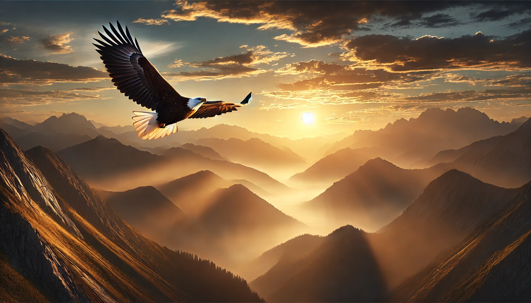 A soaring eagle high above a vast mountain range at sunrise, its wings spread wide in flight.