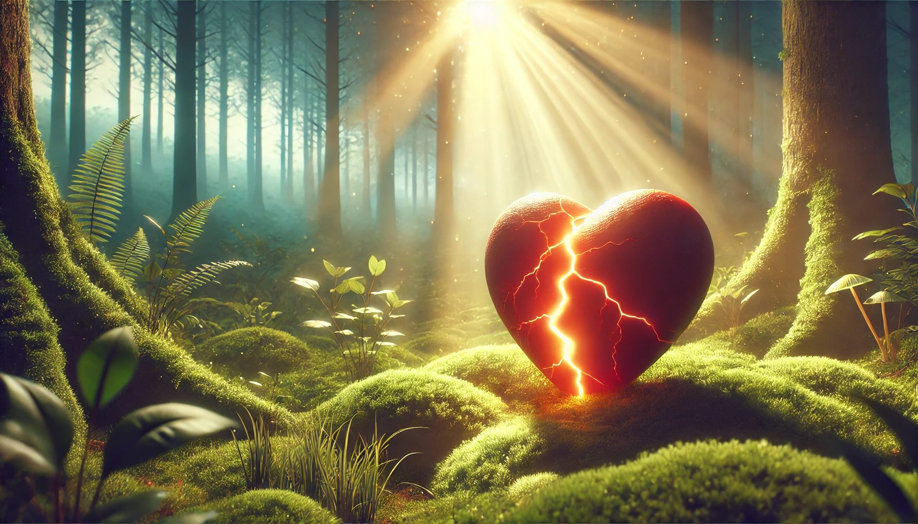 A soft beam of light shining through a cracked heart, illuminating it with a warm glow.