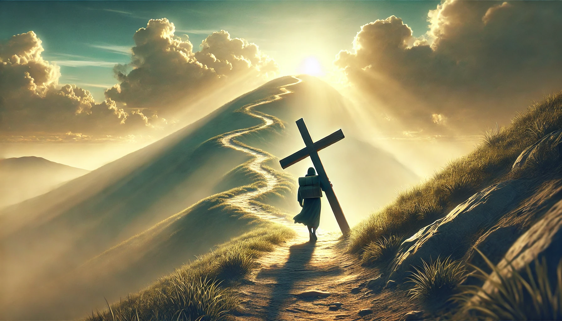 A solitary figure walking up a rugged hill carrying a large wooden cross on their back.