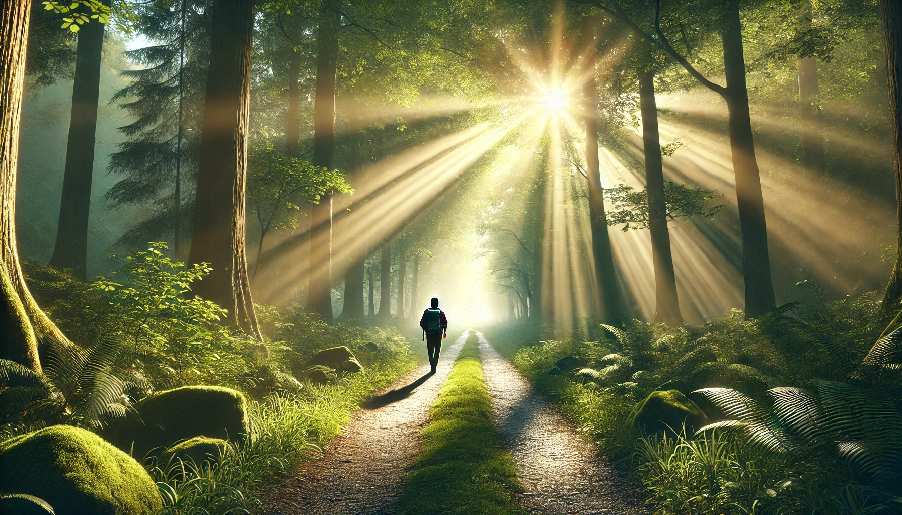 A sunlit forest path with rays of light streaming through the trees.