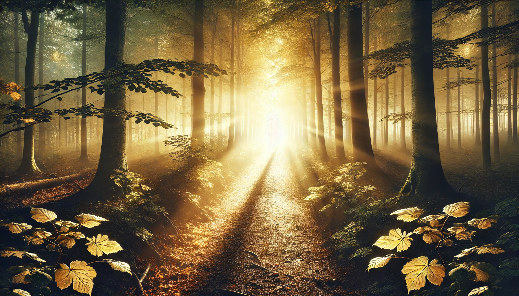 A sunlit path leading through a dense forest with golden leaves.