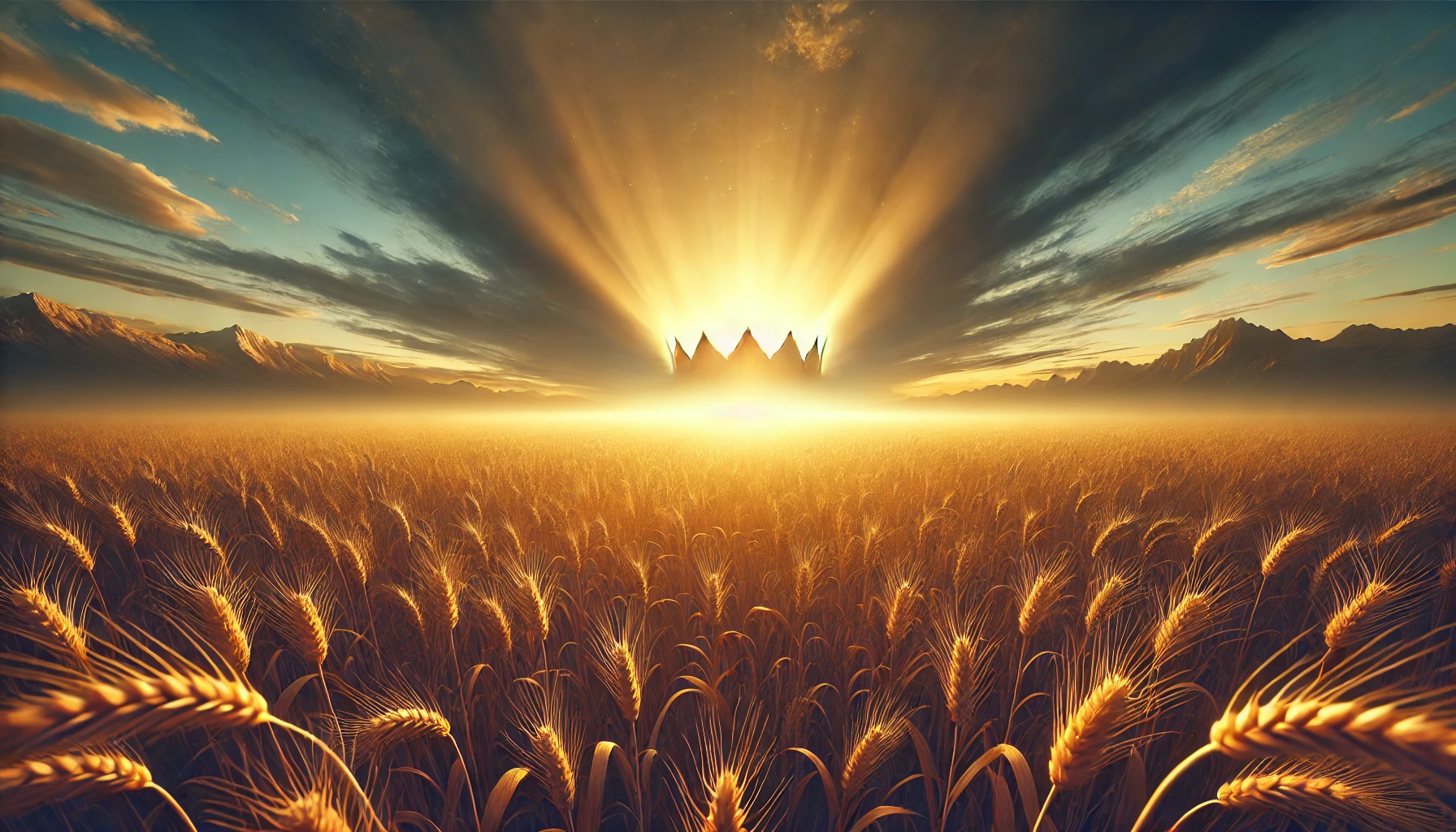 A sunrise over a vast field of golden wheat with a distant, radiant glow forming the shape of a crown in the sky.