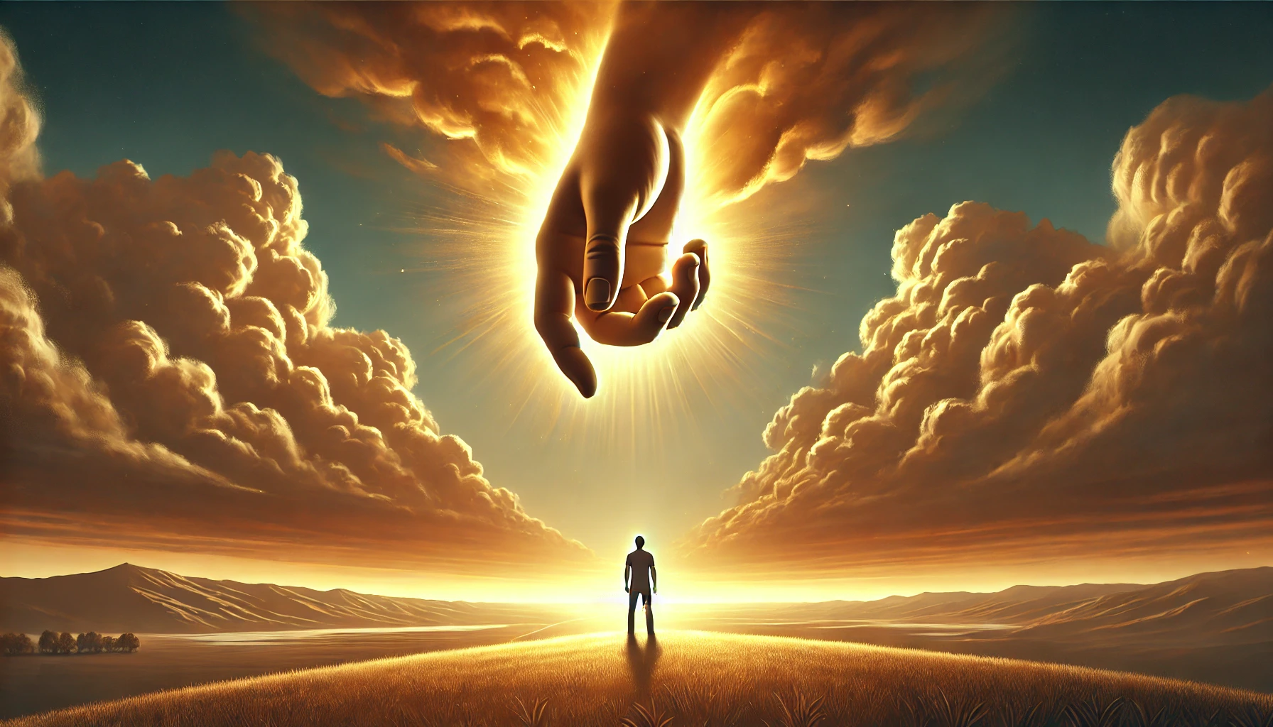 A symbolic image of a strong hand reaching down from the clouds, glowing with golden light.