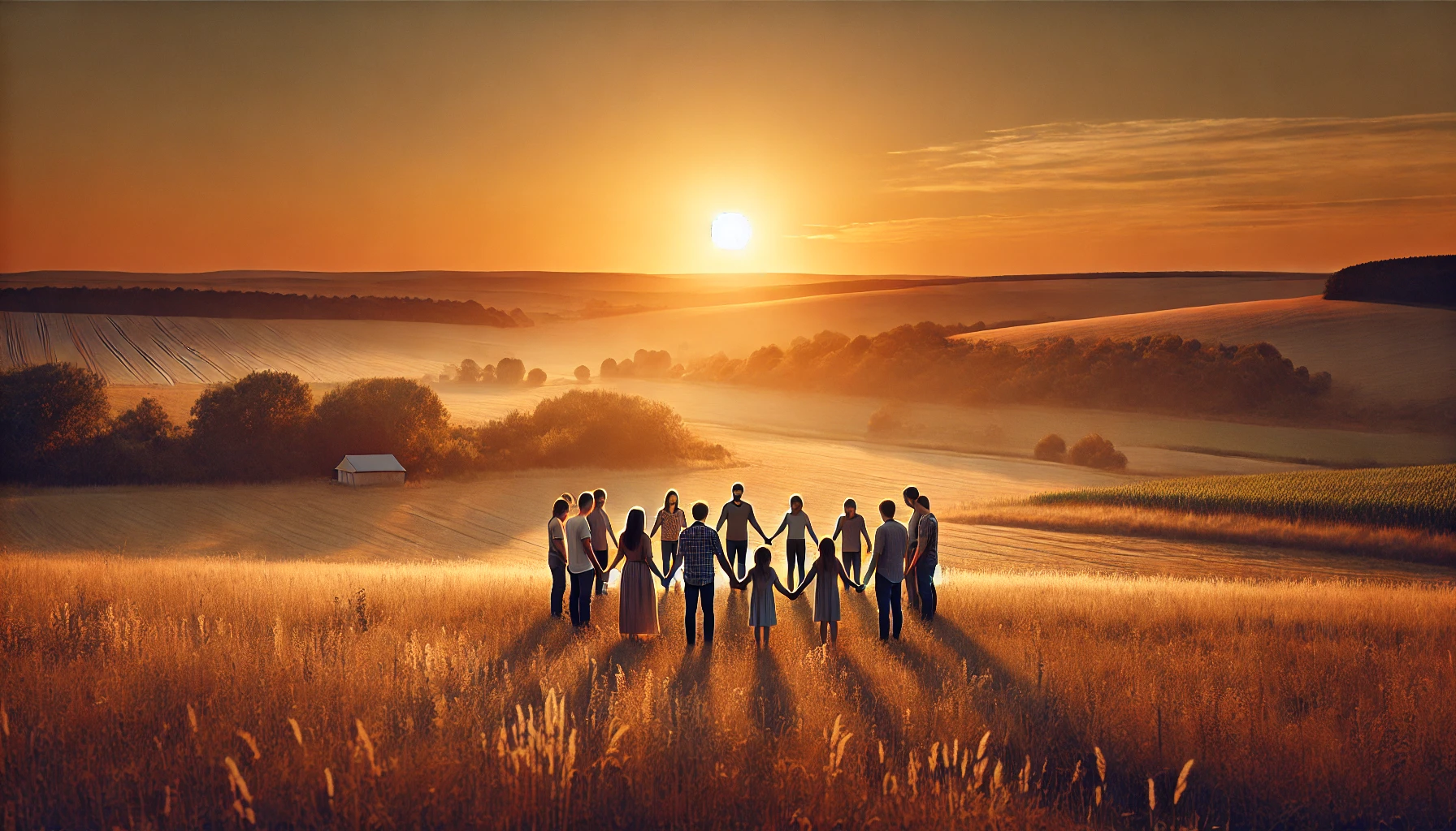 A tranquil evening landscape with a family gathered outdoors, under a warm golden sunset, holding hands in a circle and giving thanks.