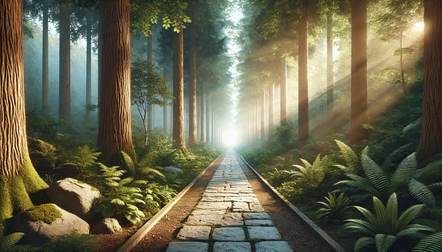 A tranquil forest path illuminated by soft sunlight filtering through tall trees.