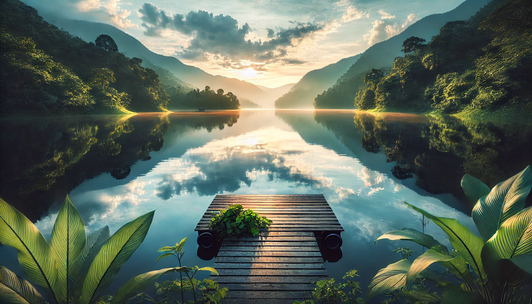 A tranquil lake reflecting the sky with soft ripples at sunrise, surrounded by lush greenery and distant mountains.