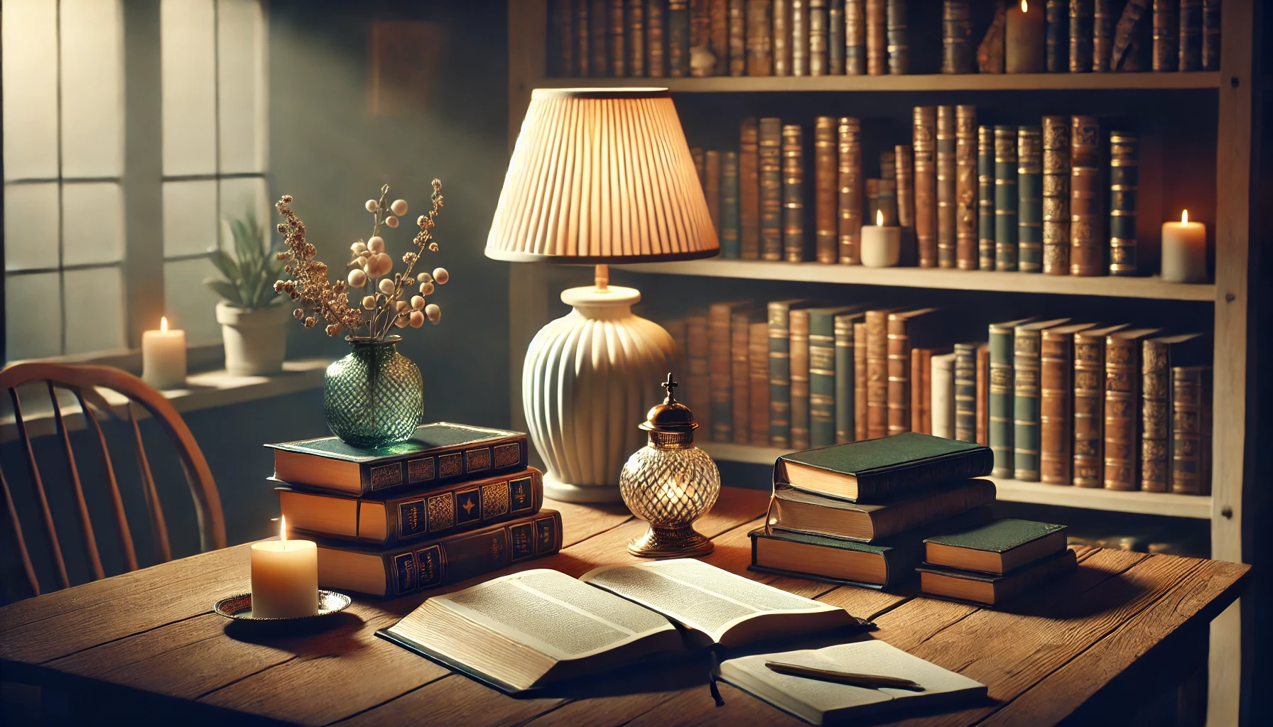 A tranquil library or study room with shelves filled with books, a table with an open Bible, a journal, and a soft glowing lamp