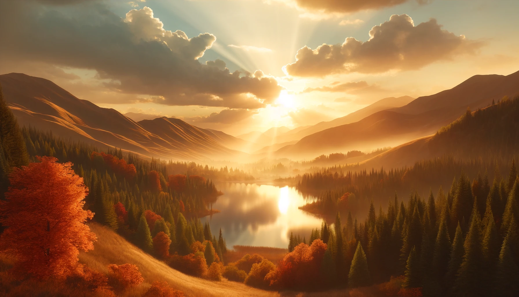 A tranquil mountain landscape at sunset. The scene includes rolling hills, a reflective lake surrounded by a breathtaking forest.