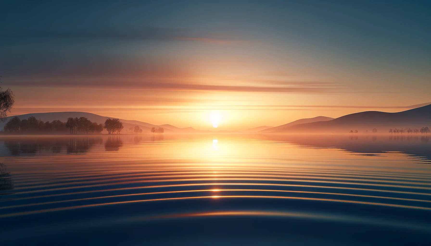 A tranquil photo-realistic horizontal illustration of a calm lake at sunrise, with soft ripples in the water reflecting the warm hues of the dawn sky