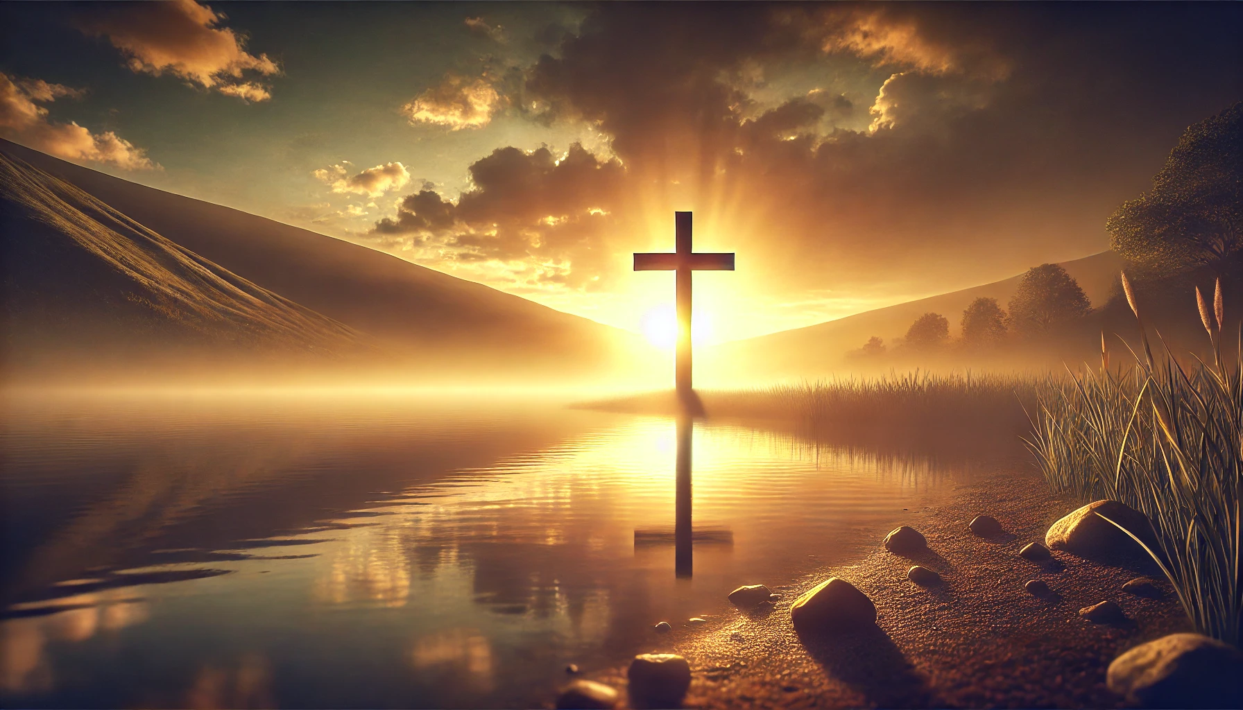 A tranquil scene symbolizing reconciliation and peace with God_ a radiant sunrise over a still lake surrounded by soft, misty hills. In the foreground