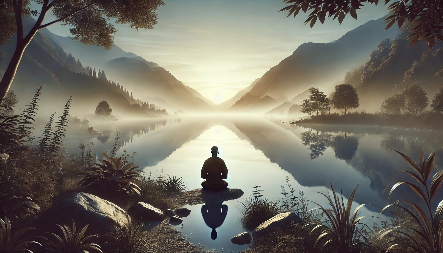 A tranquil scene with a person kneeling by a calm lake at sunrise.