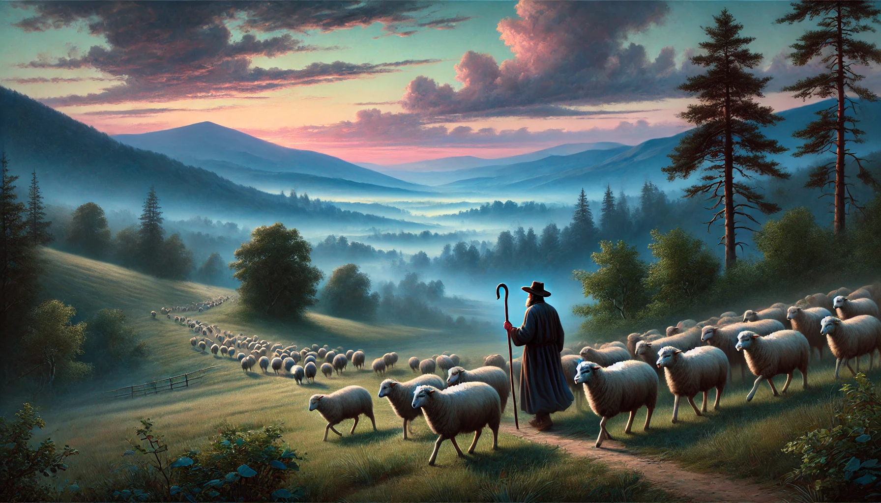 A tranquil valley with a shepherd walking alongside his sheep under a twilight sky.