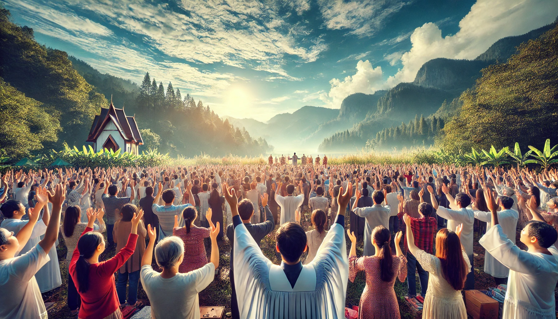 A vast congregation outdoors under a bright blue sky, raising their hands in unified praise.