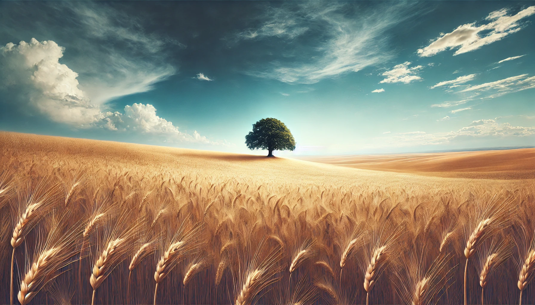 A vast field of golden wheat under a clear blue sky with a single oak tree standing strong in the middle.