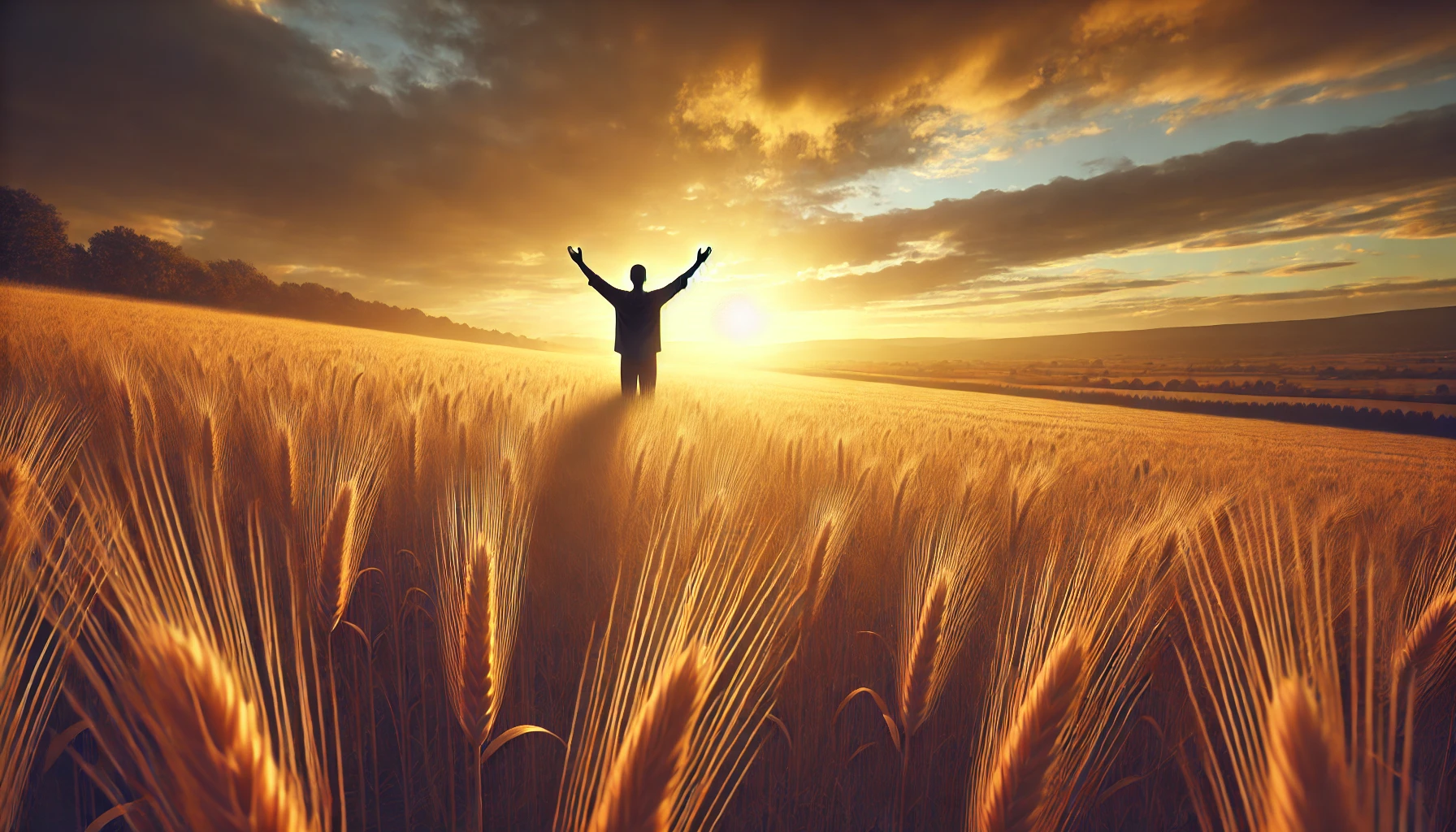 A vast golden field at sunset, with a solitary figure standing and raising their arms toward the sky in surren