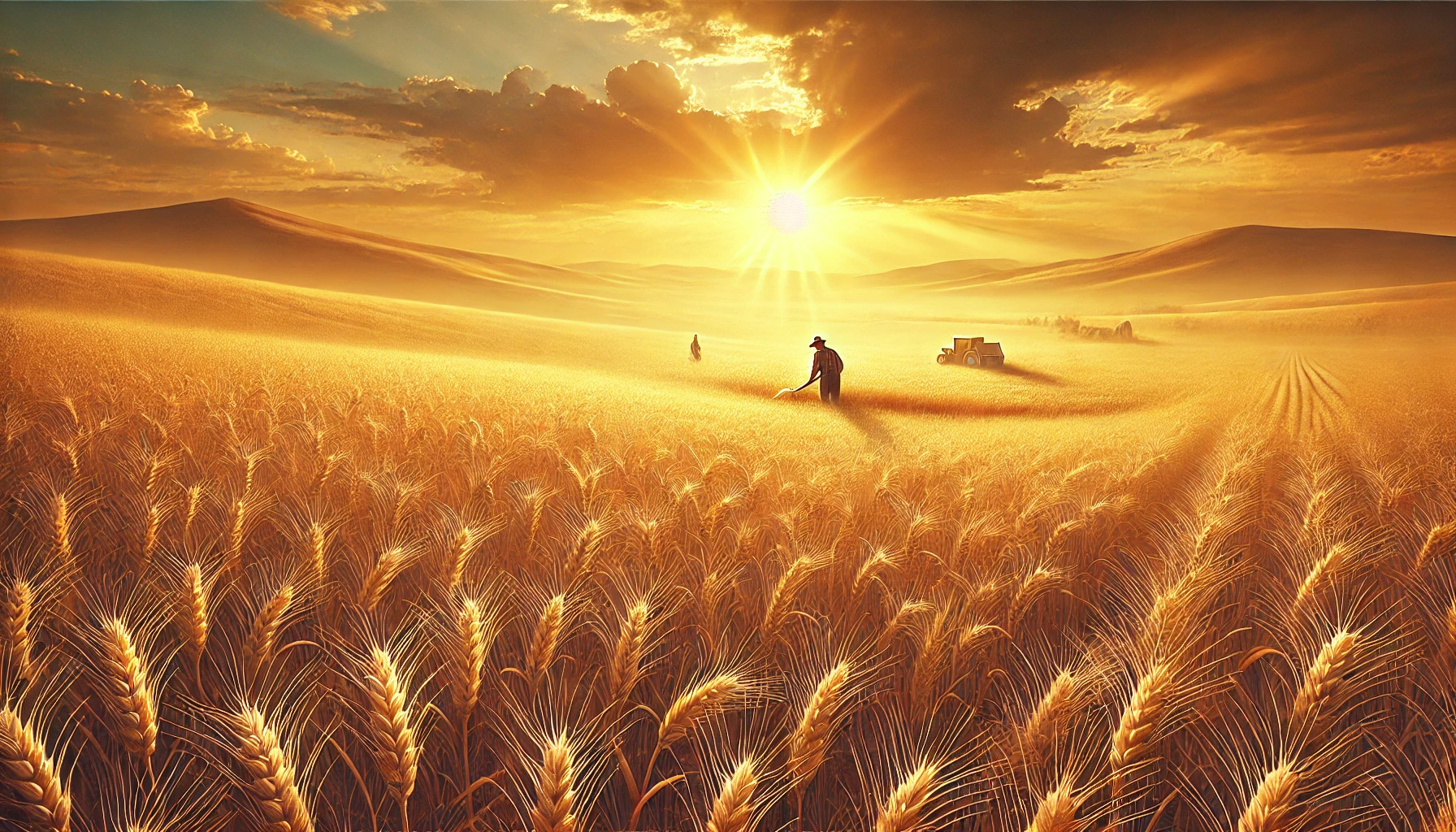 A vast golden wheat field during harvest time, with a farmer working in the field.