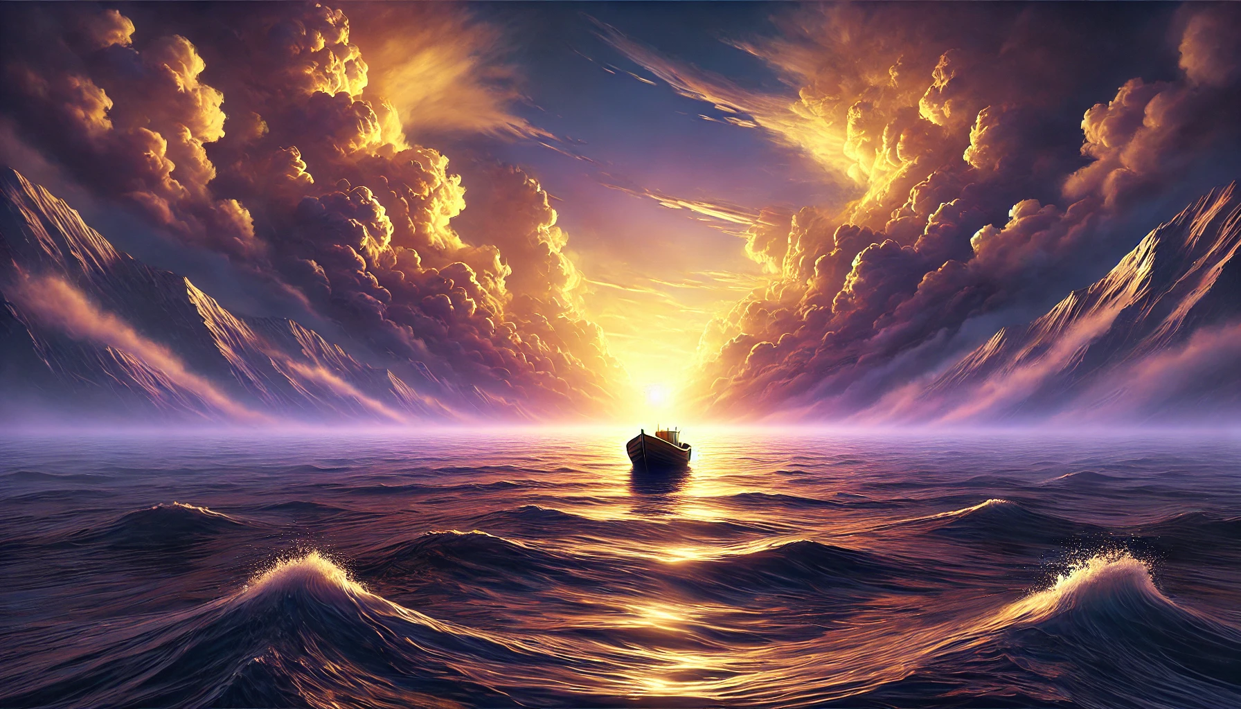 A vast ocean scene at sunset, with a small but sturdy boat anchored firmly despite looming threat.