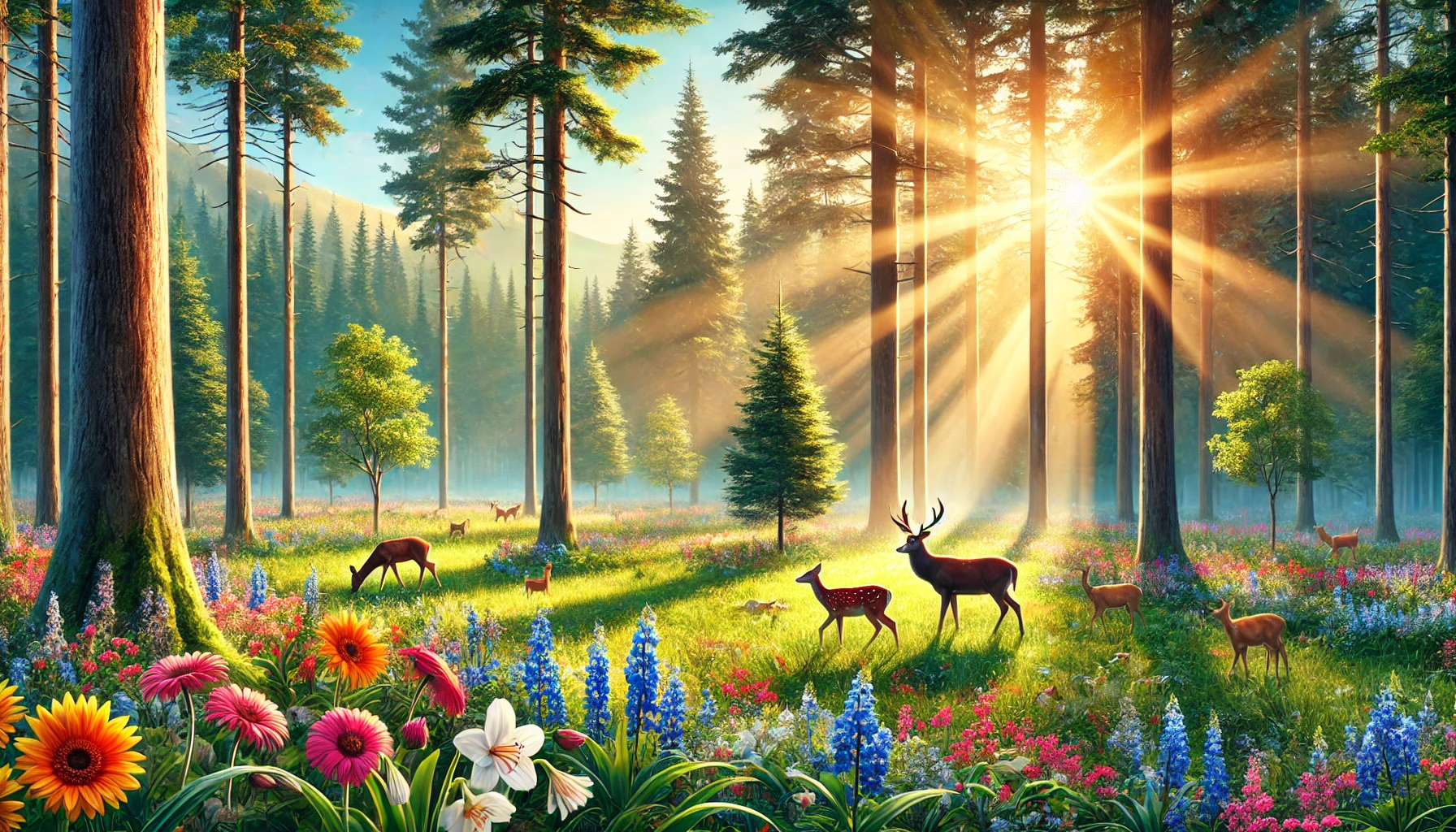 A vibrant forest scene with sunlight streaming through tall trees and a variety of colorful flowers.