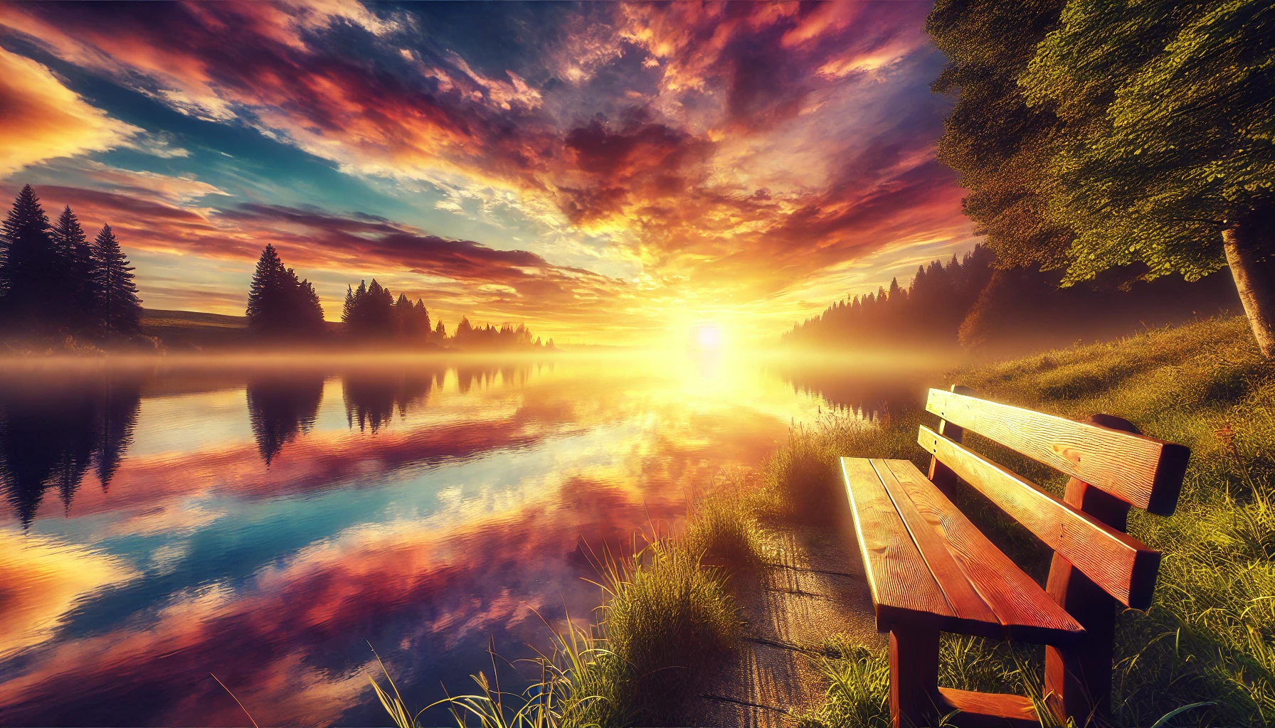 A vibrant sunset over a quiet, reflective lake with a single wooden bench in the foreground.