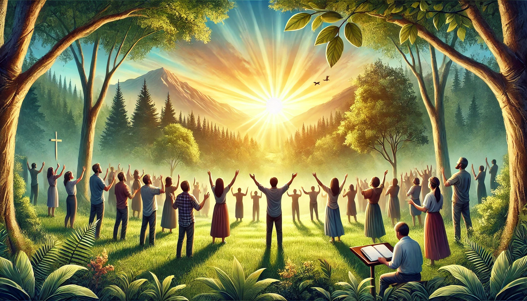 A vibrant worship scene in nature, with a group of people from different backgrounds singing.