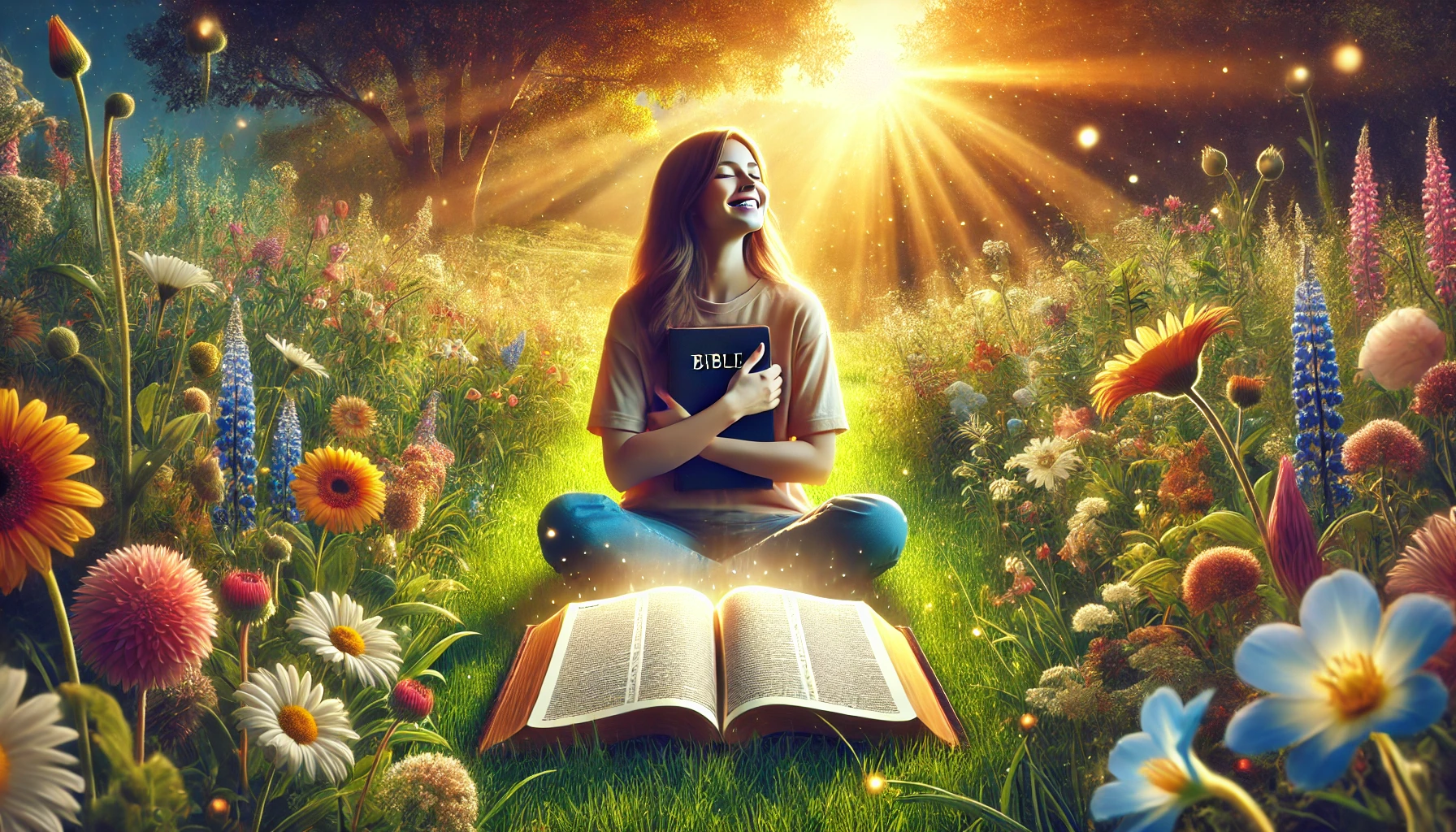 A wide, photo-realistic illustration of a person sitting peacefully in a sunlit meadow, holding an open Bible close to their chest with a joyful expre