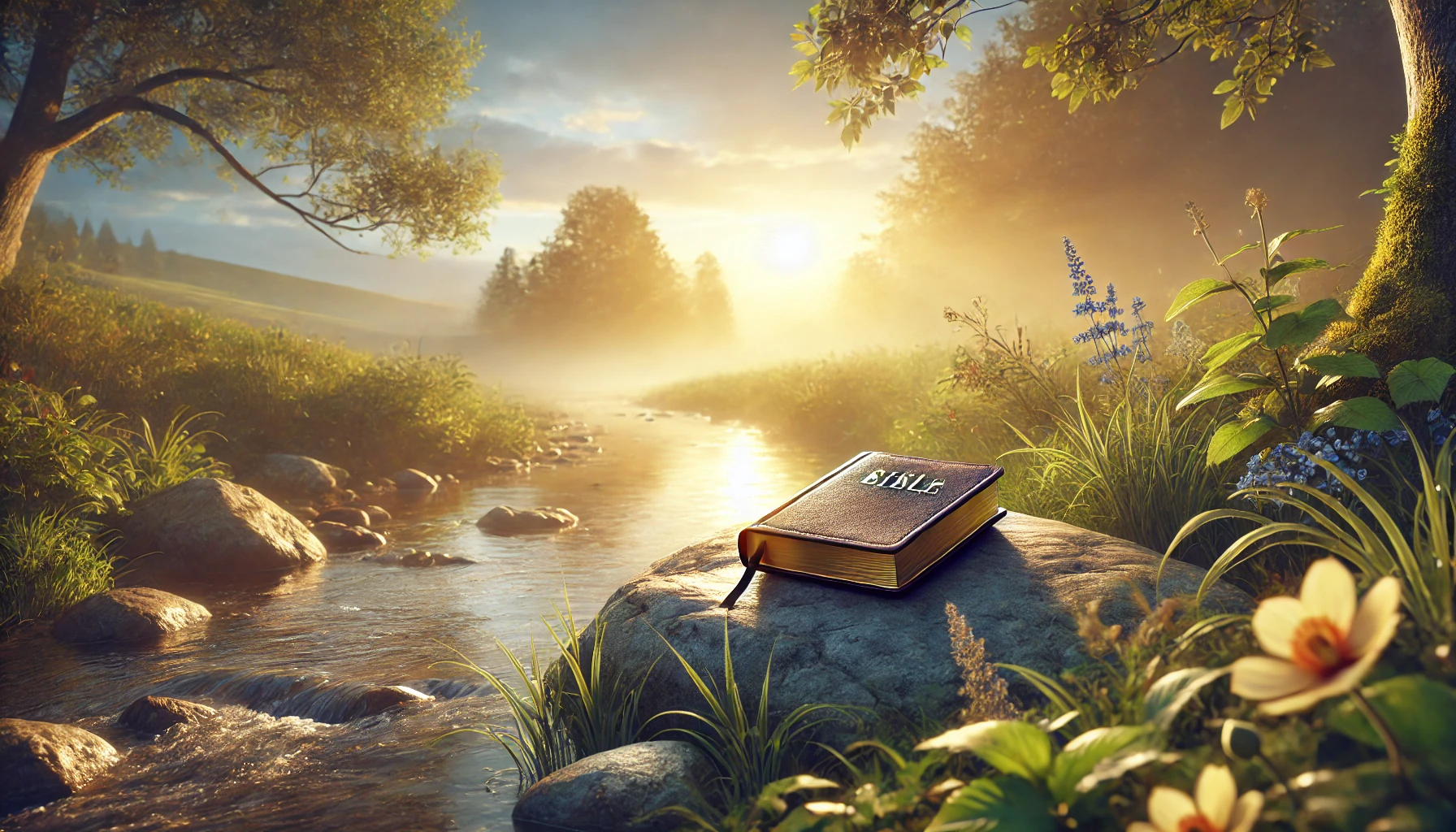 A wide, photo-realistic illustration of a serene landscape at sunrise with a Bible resting on a rock near a gently flowing stream. The light of dawn c