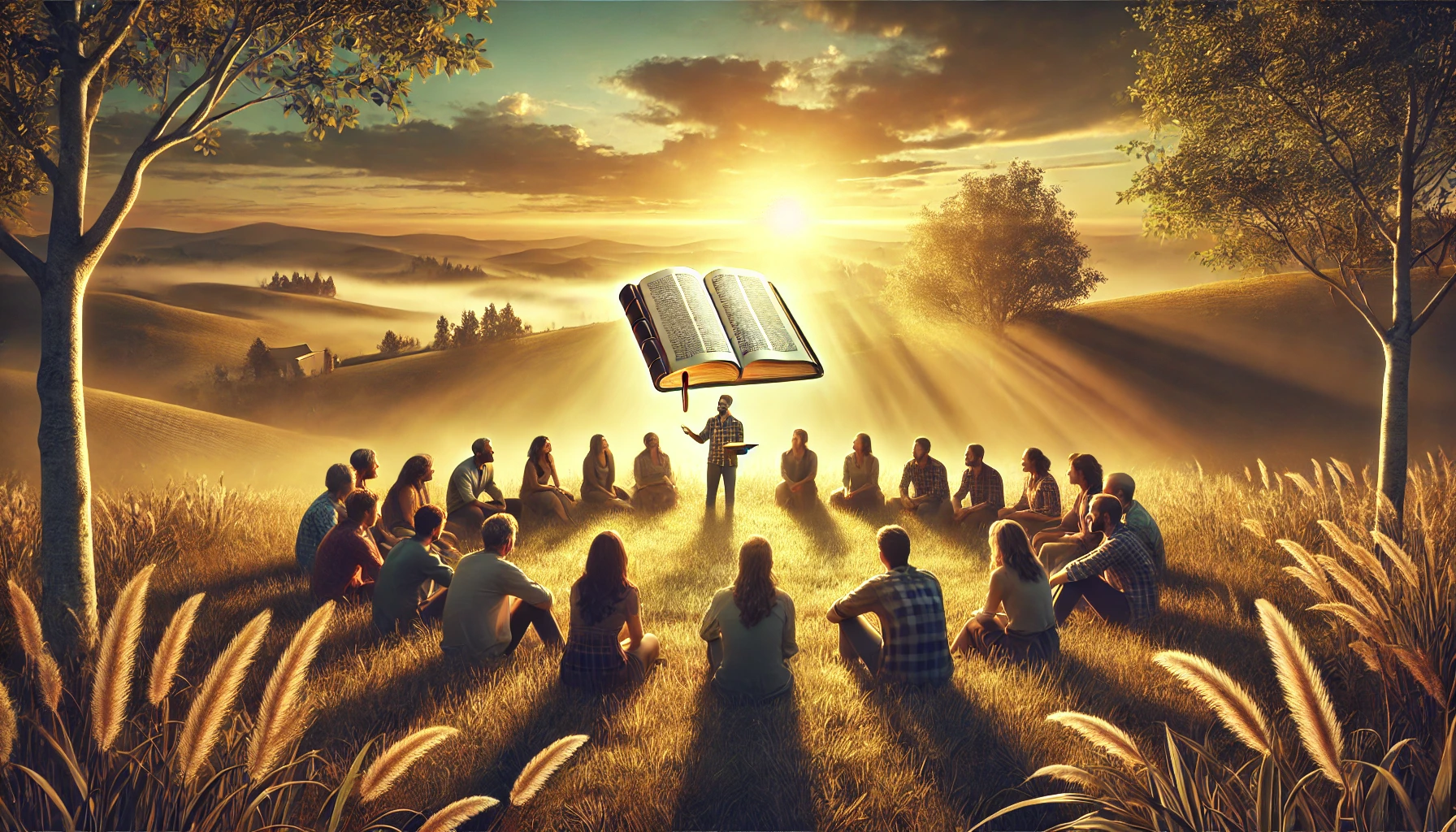 A wide, photo-realistic illustration of a serene outdoor setting with a small group of people sitting in a circle, listening intently to someone readi