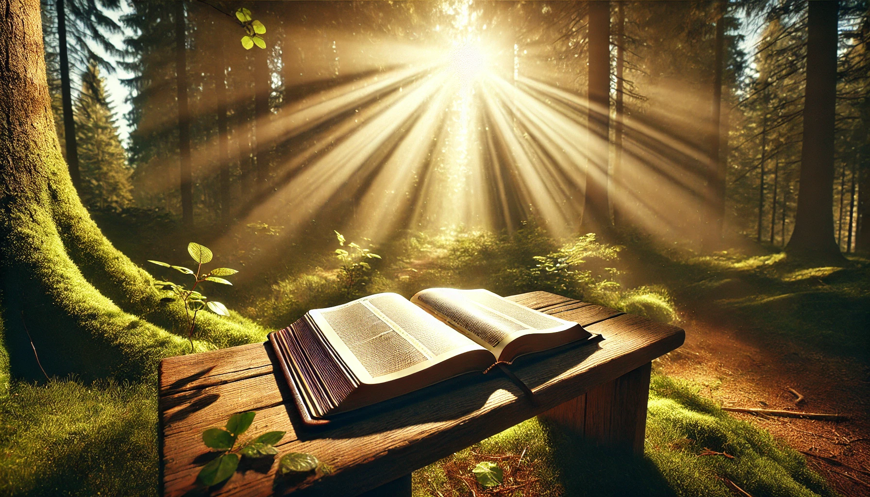 A wide, photo-realistic scene of a Bible sitting on a rustic wooden bench in a sunlit forest clearing. Rays of sunlight filter through the trees, cast