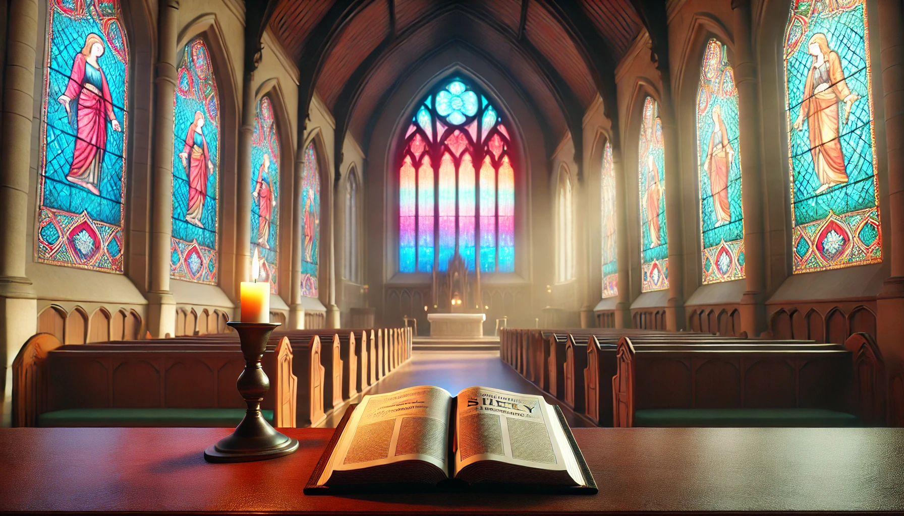 A wide photo-realistic scene of a peaceful church interior, softly lit by stained-glass windows casting vibrant colors on the walls and pews. On the a