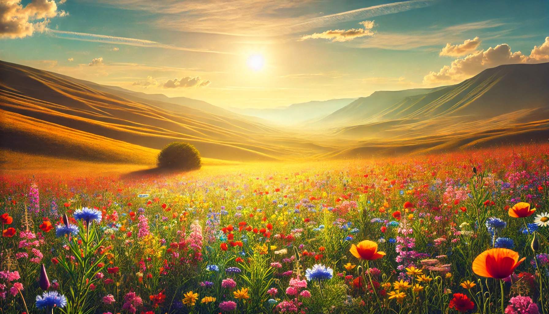 A wide, scenic landscape of a vibrant meadow with colorful wildflowers in full bloom, surrounded by rolling hills and a clear blue sky. The sun casts 