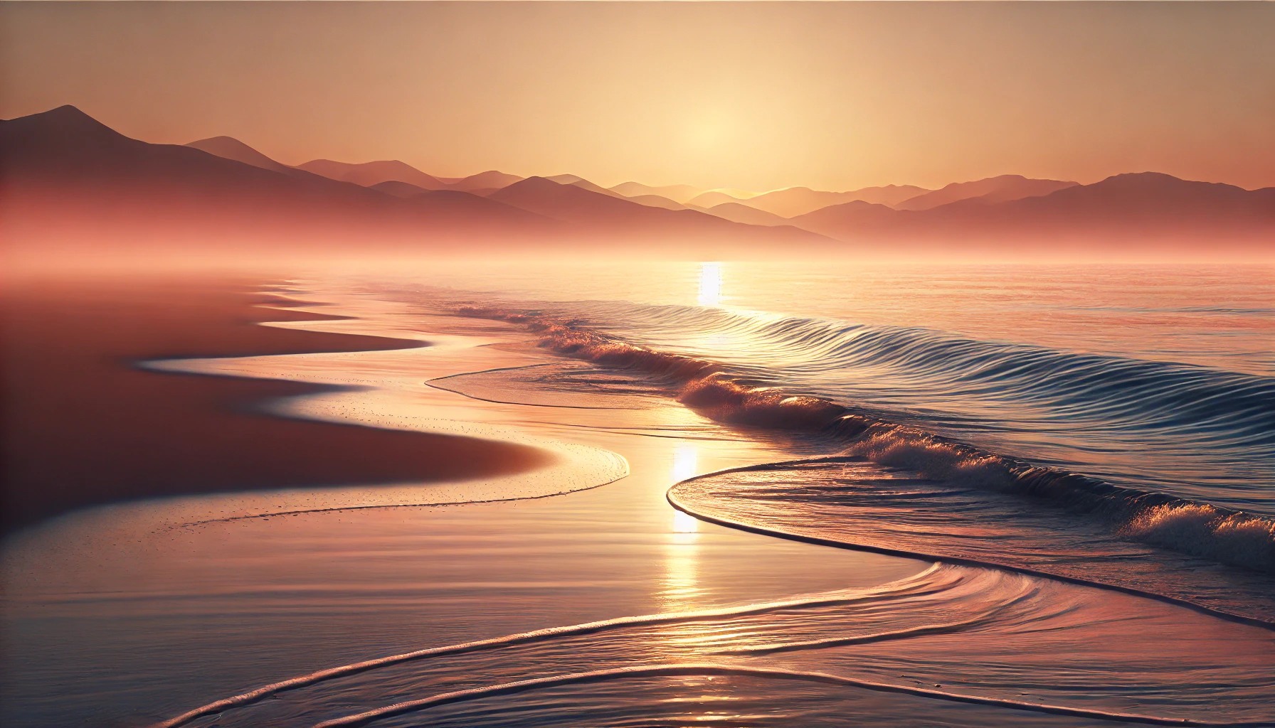 A wide, tranquil beach at dawn with soft waves gently lapping at the shore, golden and pink hues reflecting on the water, and distant mountains framin