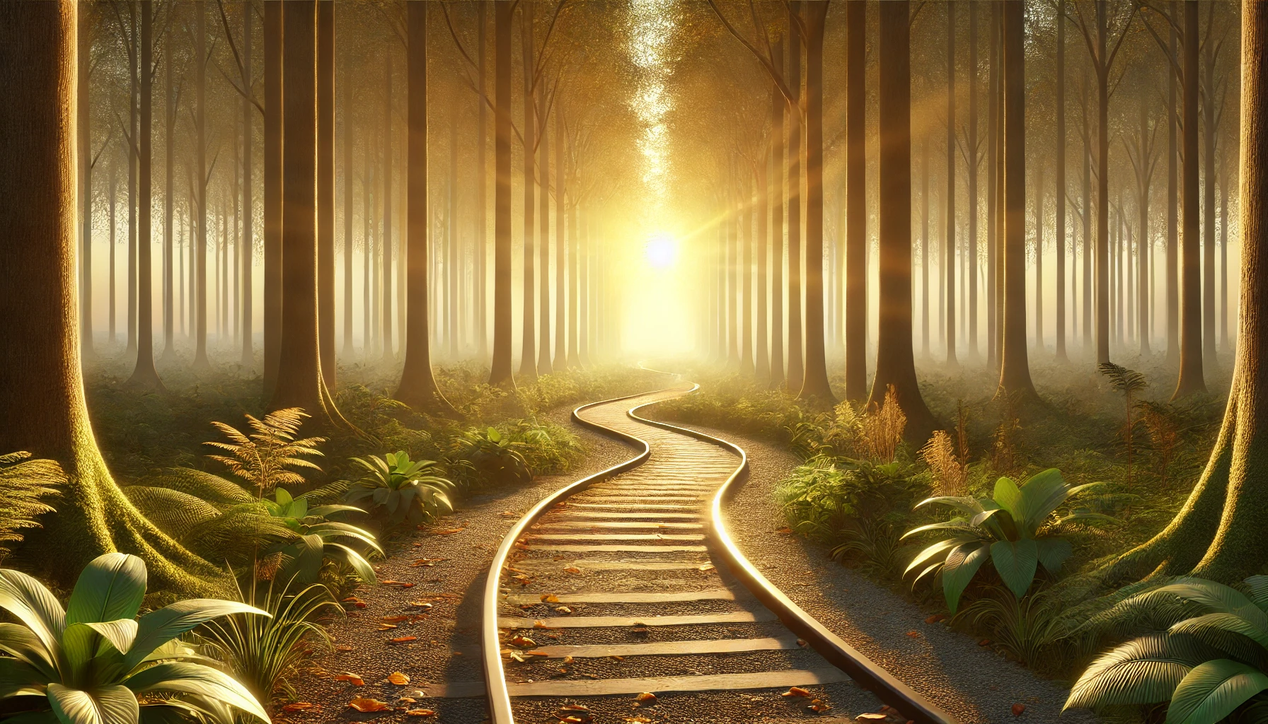 A peaceful train track in the woods leading to the sunrise.