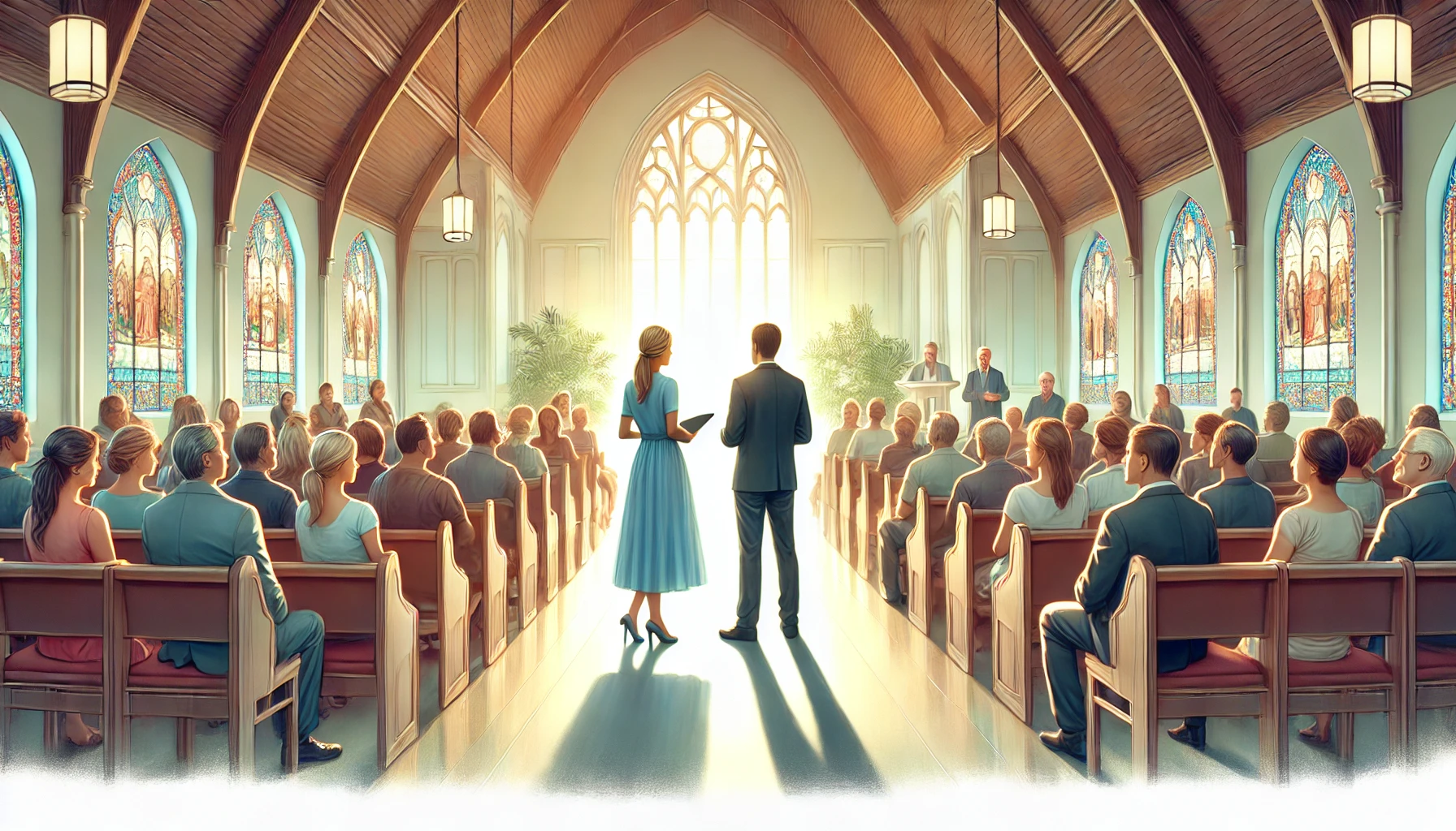 A woman and a man together leading a church service, standing in a bright, welcoming sanctuary.