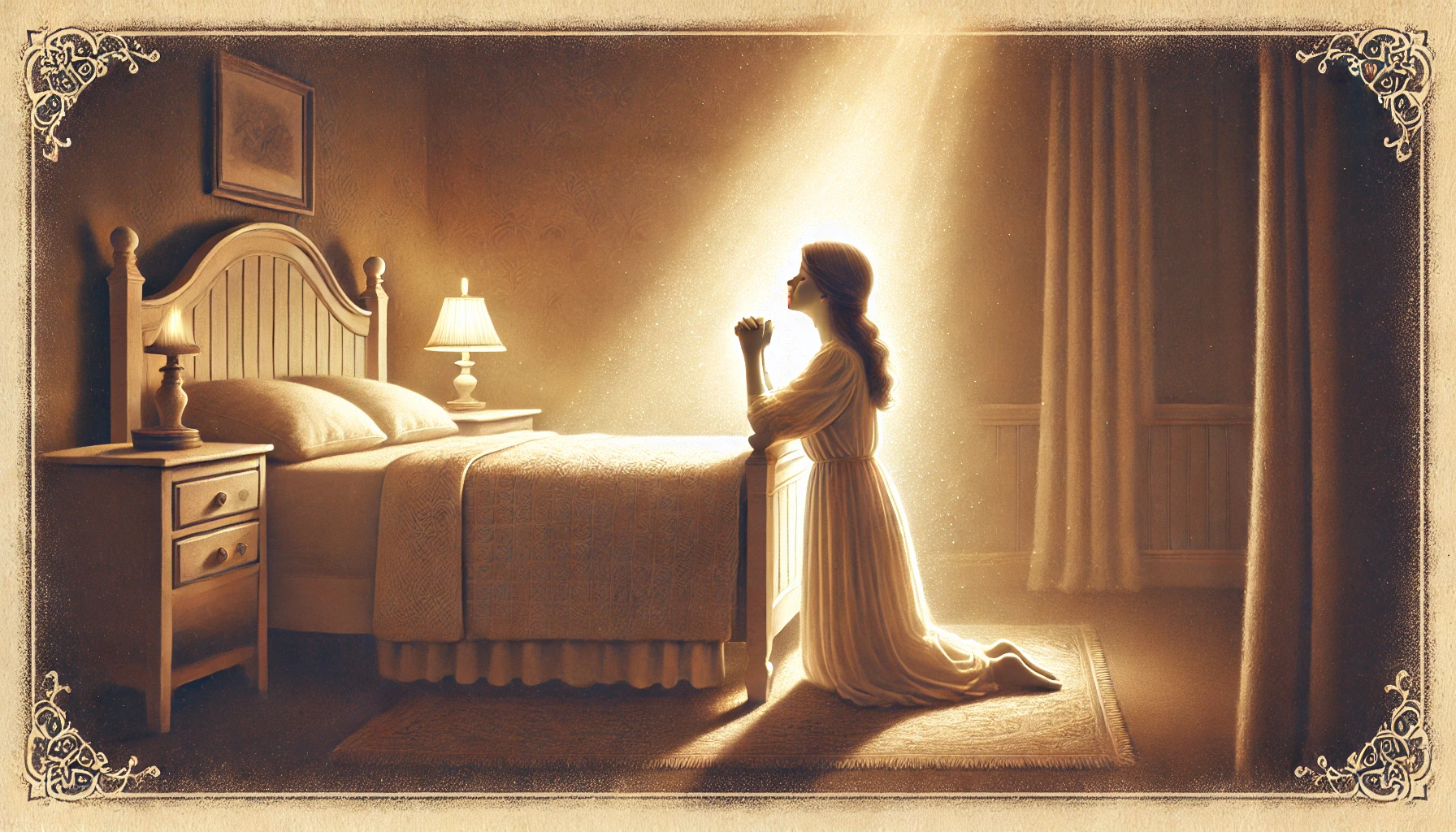 A woman kneeling in prayer by her bedside in a softly lit room.