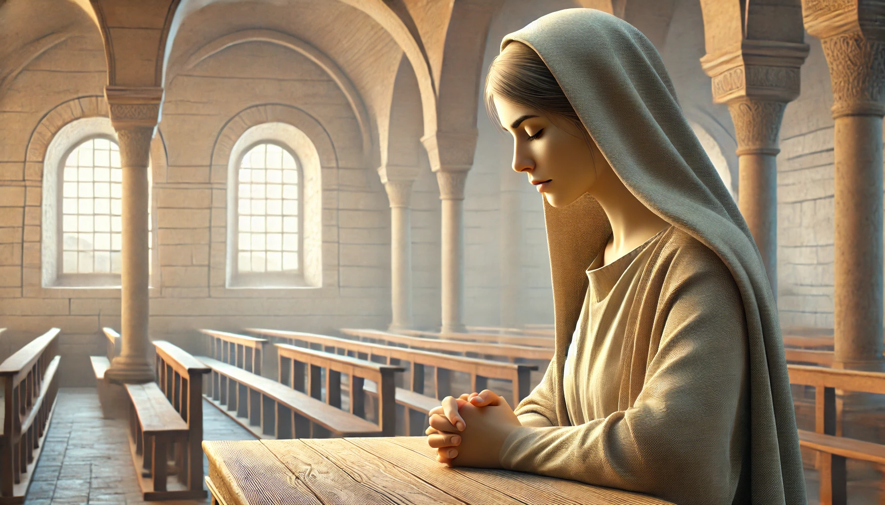 A woman praying and prophesying in a peaceful early church setting.