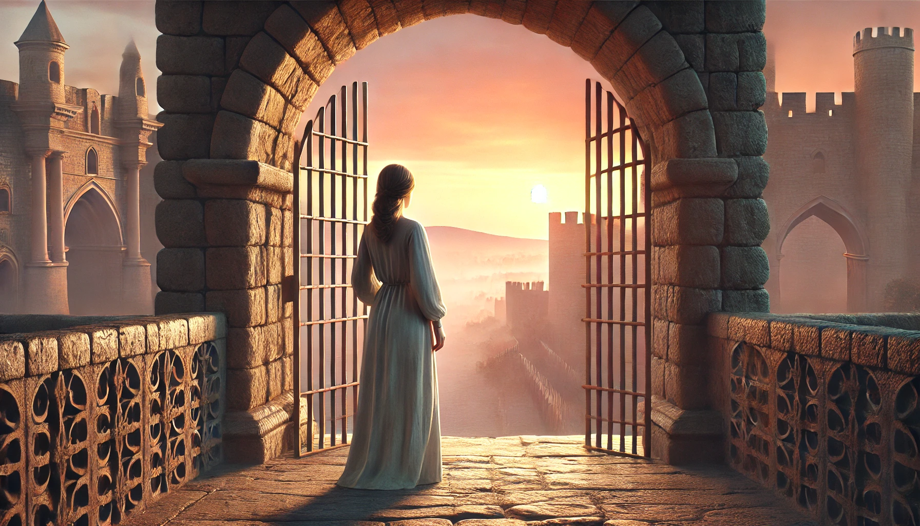 A woman standing at a stone city gate at dawn, gazing out toward the horizon.