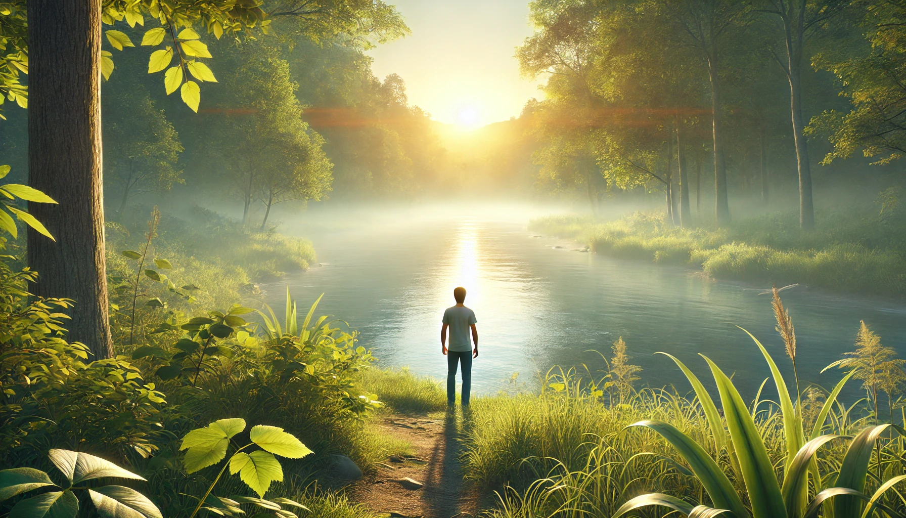 A young person standing at the edge of a serene river at dawn, surrounded by vibrant greenery and soft mist.