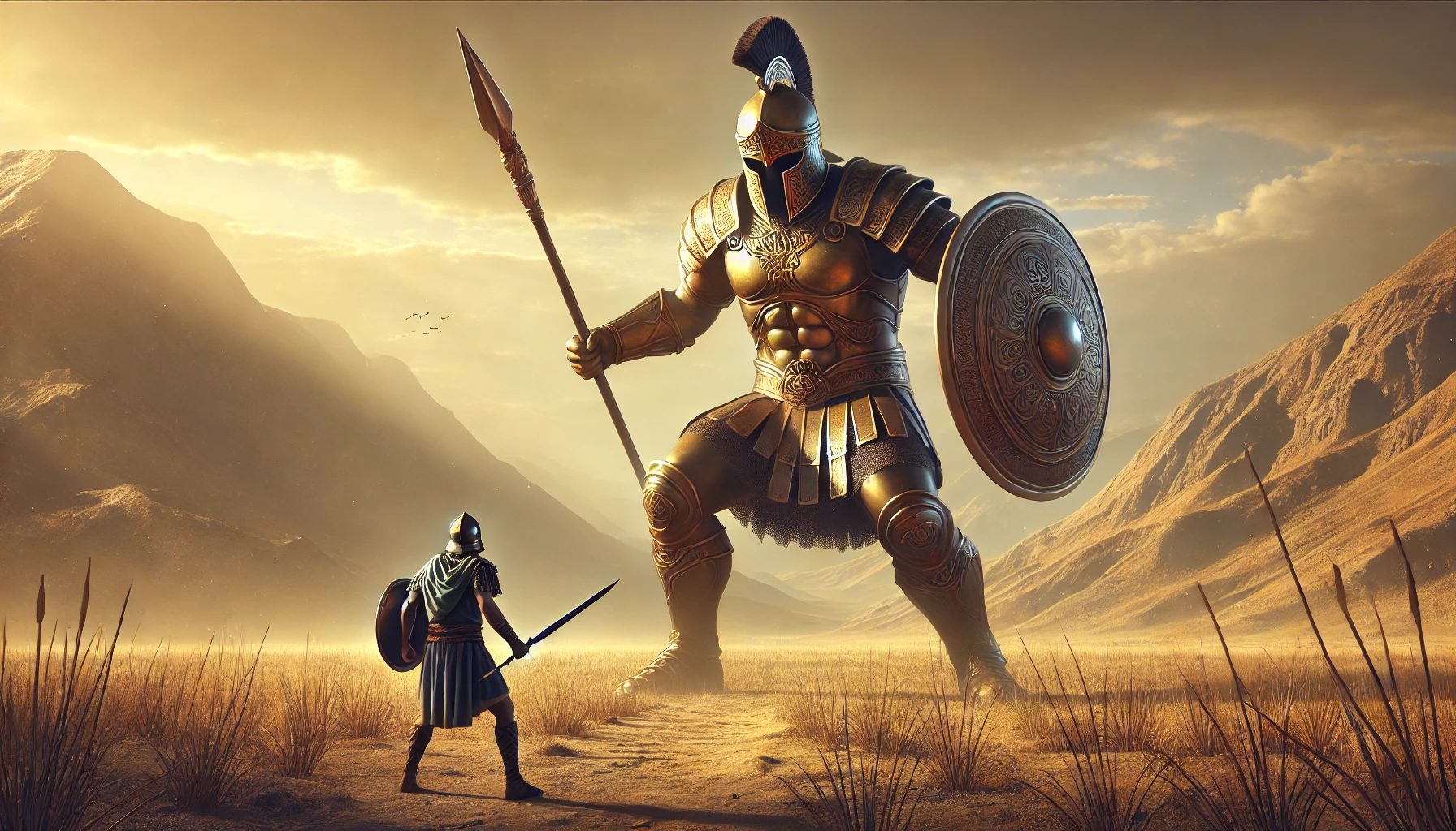 An ancient battlefield showing an Israelite warrior facing off against a towering giant.