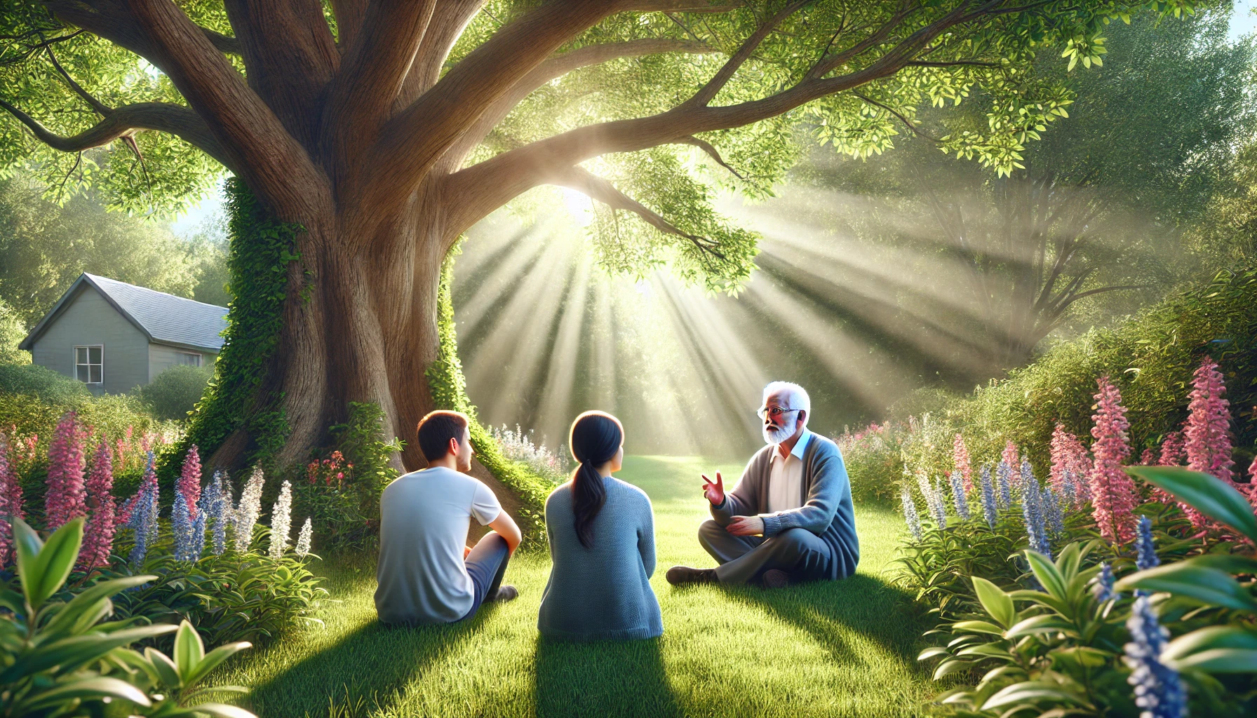 An elder seated under a tree, sharing insights with younger adults in a serene garden setting.