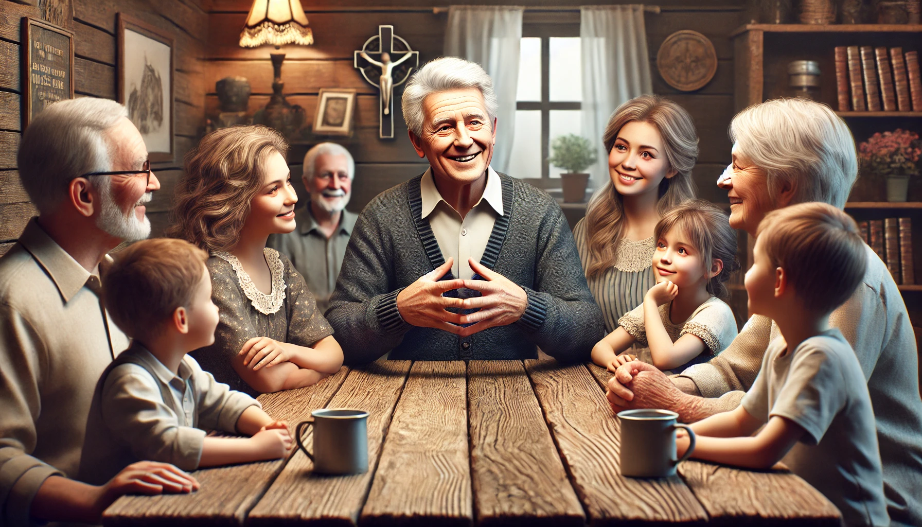 An elderly man surrounded by family at a rustic table.